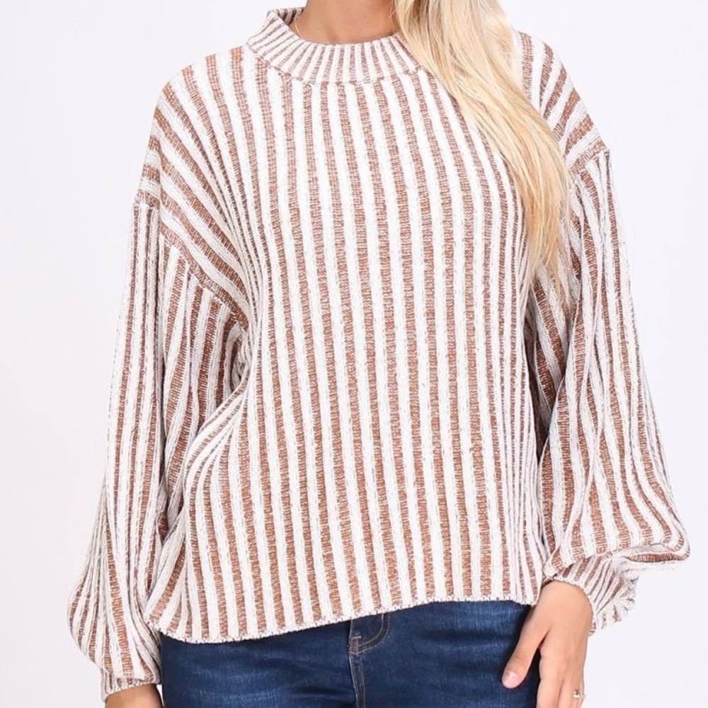Boutique Striped Brown & White Bubble Sleeve Neutral Sweater